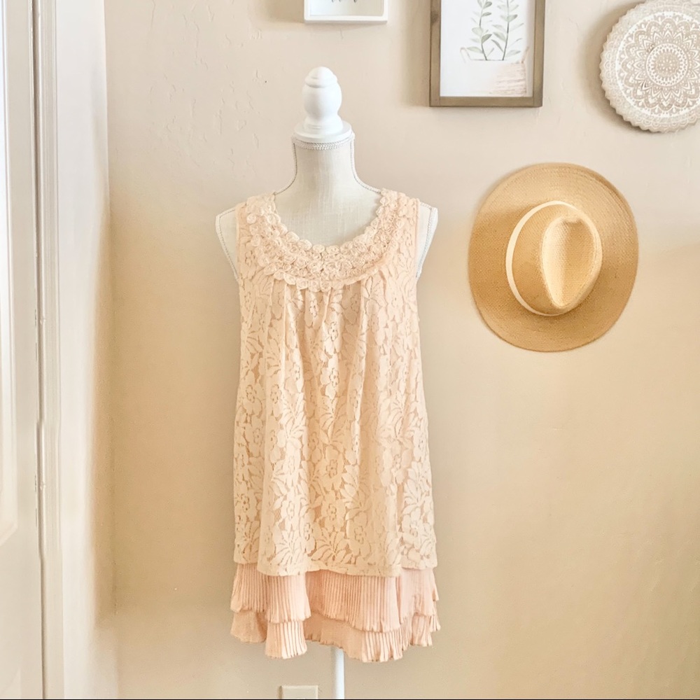 Mystree Blush Peach Lace Pleated Trim Mini Dress or Tunic